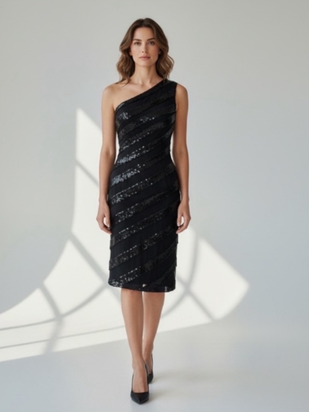Tadashi Shoji contemporary black sequin one shoulder sexy formal LBD dress size4